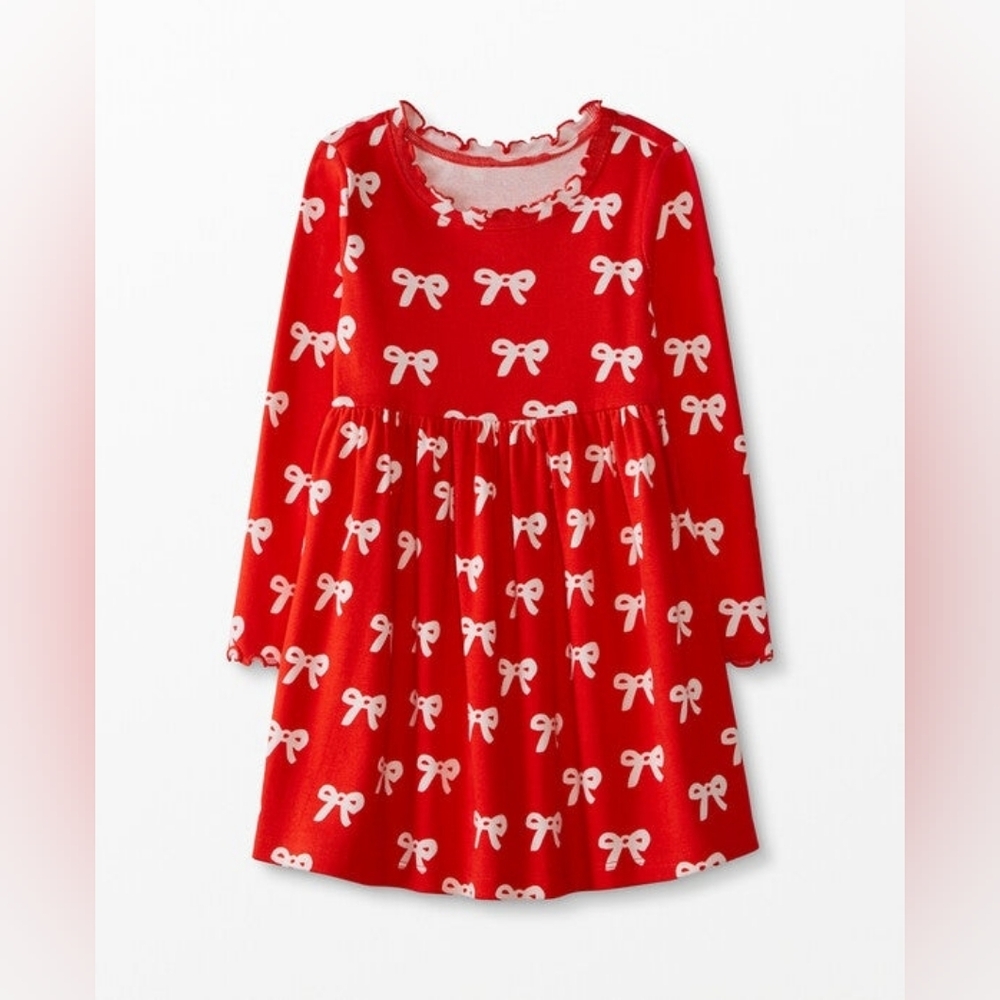 Hanna Andersson Size 3T Red Bow Print Ribbed Long Sleeve Holiday Dress
